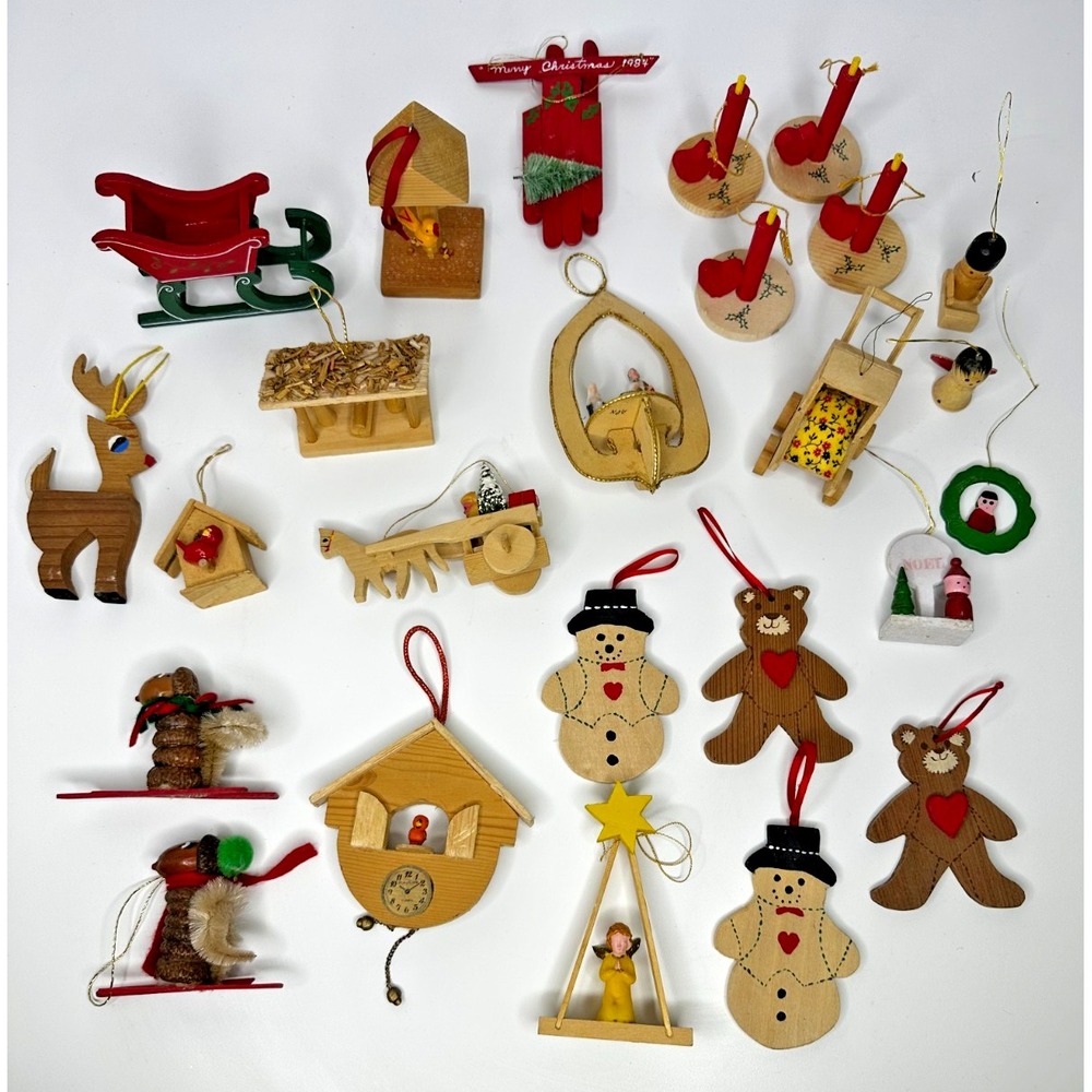 vtg chrstmas ornaments Wood Handmade Painted 25 Pc Set CooKoo Clock Nativity